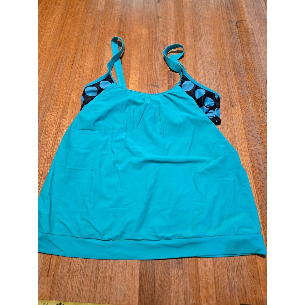 Women Medium Black Turquoise‎ Aqua Blue Polka Dot Layered Tankini Swim Top